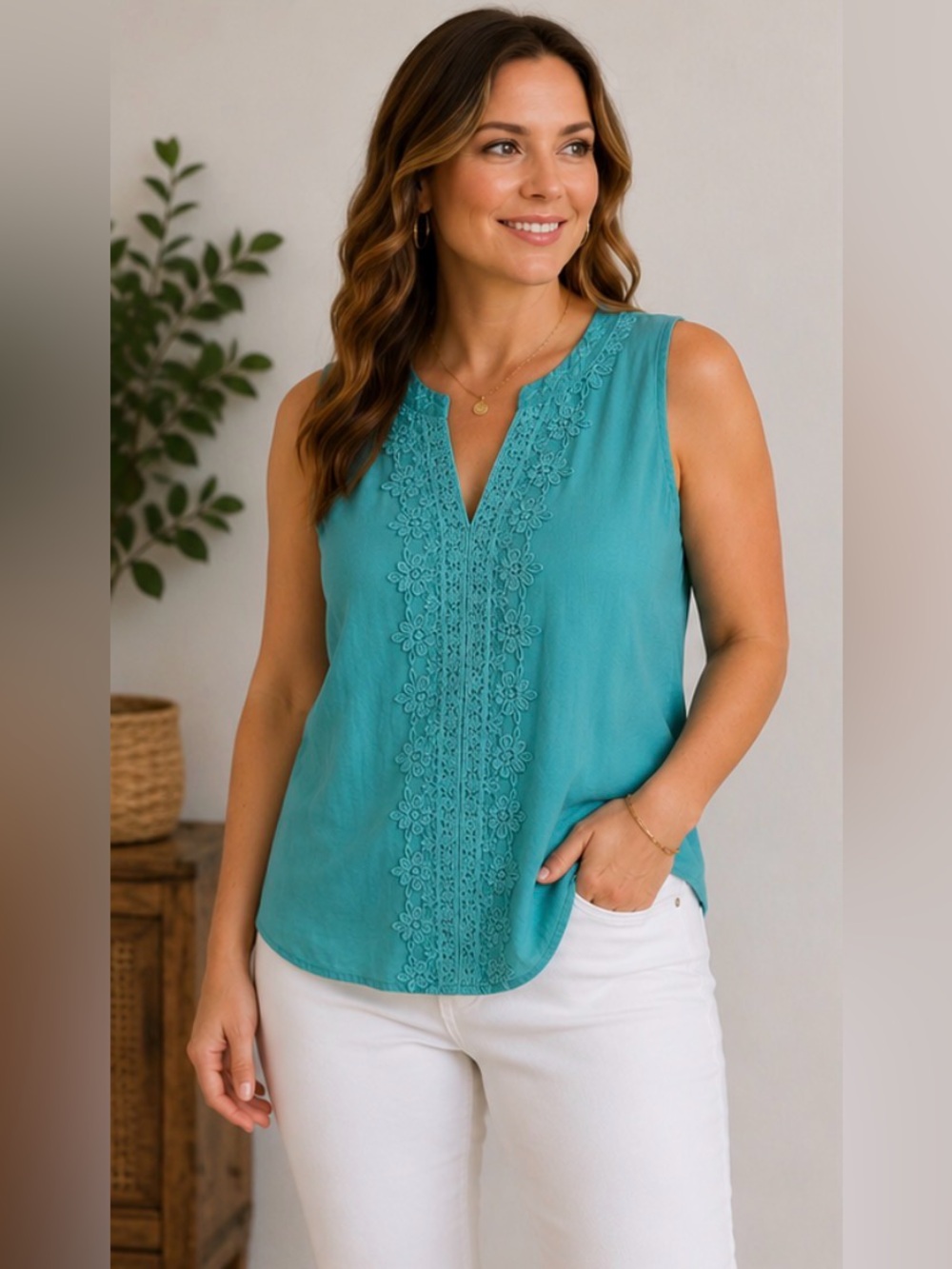 19 Grand & Greene Embroidered Sleeveless Tank Top XL Teal Boho Casual